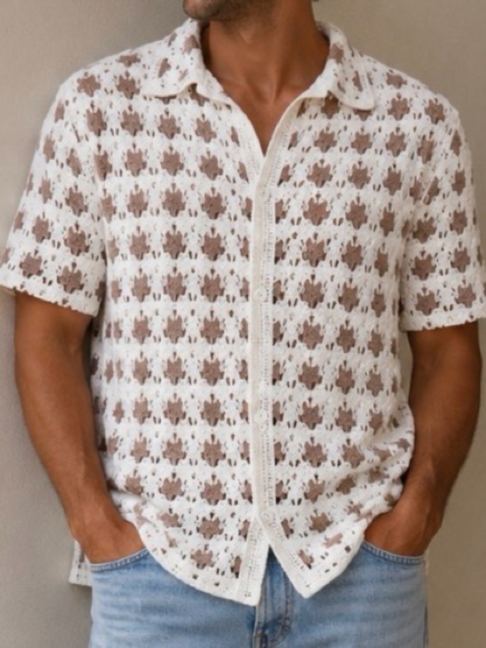 Wax London Casual Short-Sleeve Button-Down Crochet Knit Shirt in White & Tan